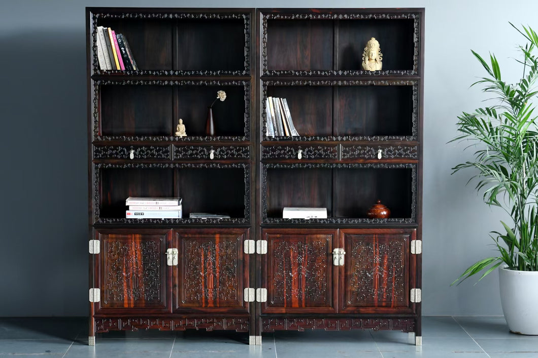 Full Height Bookshelf in Solid Rose Wood with Intricate Carving